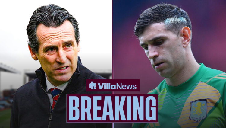 Breaking news as Aston Villa manager Unai Emery stares frustratedly at goalkeeper Emiliano Martinez.