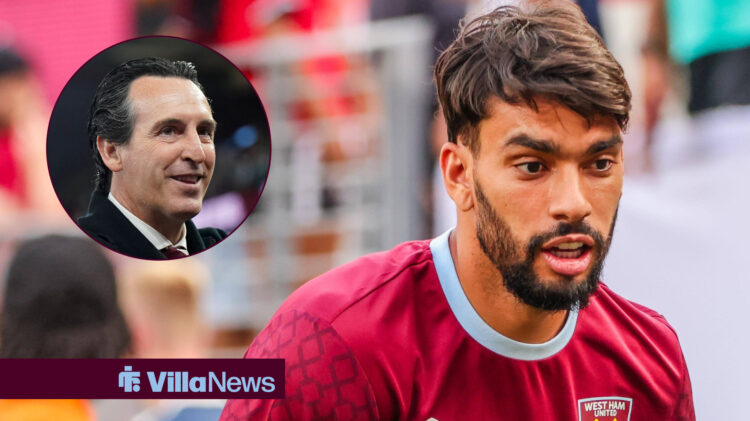 A picture of Lucas Paqueta playing for West Ham United, with a circular inset included of Unai Emery smiling