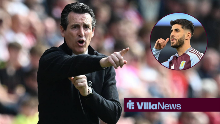 Aston Villa manager Unai Emery points towards a circular inset, where former loanee Marco Asensio celebrates by imitating a phone with his hand.