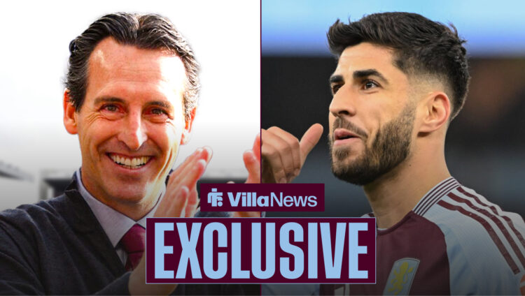 Villa News exclusive as manager Unai Emery applauds while winger Marco Asensio celebrates a goal.
