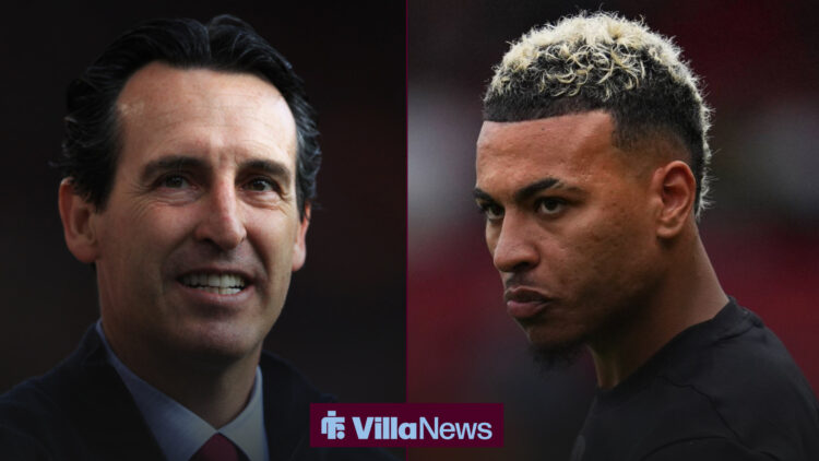 Aston Villa manager Unai Emery smiles at Morgan Rogers.