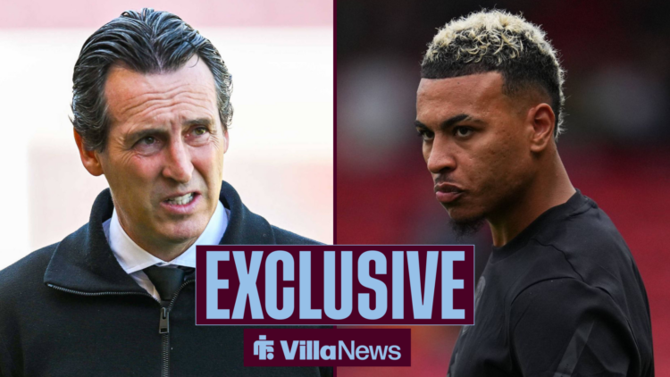Villa News Exclusive as Aston Villa manager Unai Emery stares across at Morgan Rogers with a concerned expression.