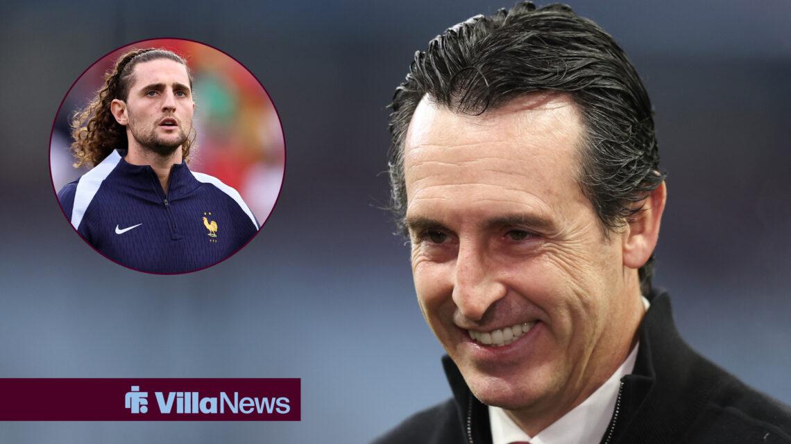 Unai Emery smiling at Adrien Rabiot