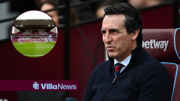 Unai Emery looking at a circle inset of Villa Park