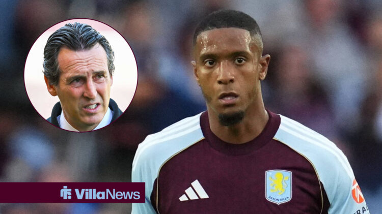 Aston Villa defender Ezri Konsa and Unai Emery in circular inset