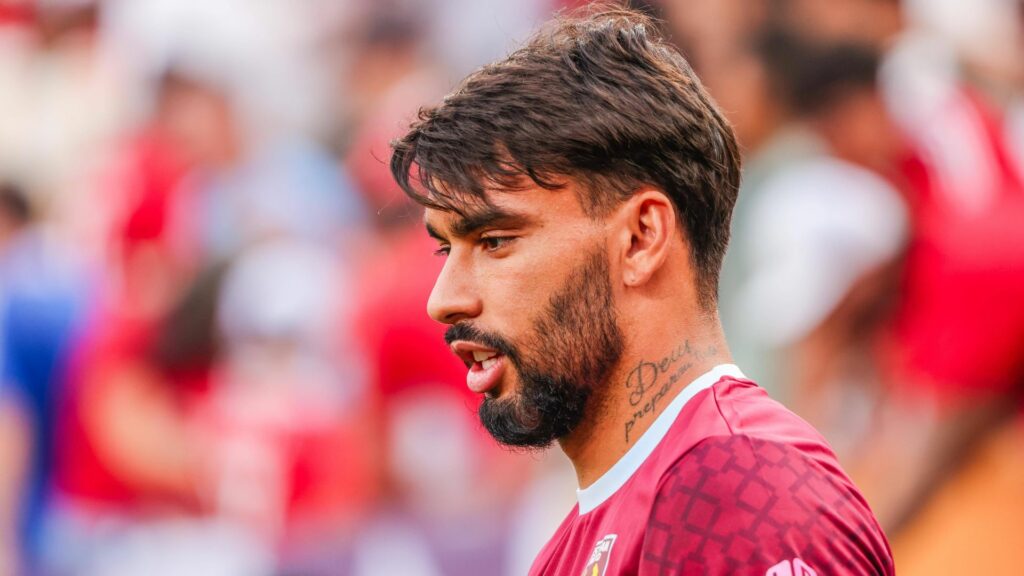 A close-up image of Aston Villa target Lucas Paqueta while in action for West Ham.