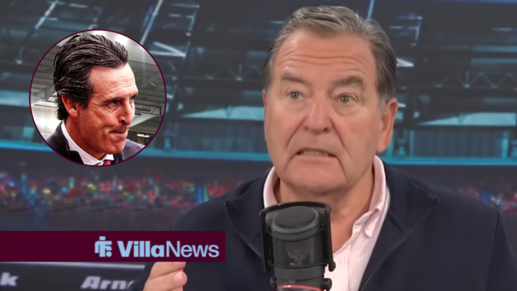 Jeff Stelling speaking on talkSPORT looking towards Unai Emery looking concerned in a circle inset