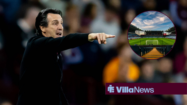 Unai Emery pointing, with Villa Park in a circular frame
