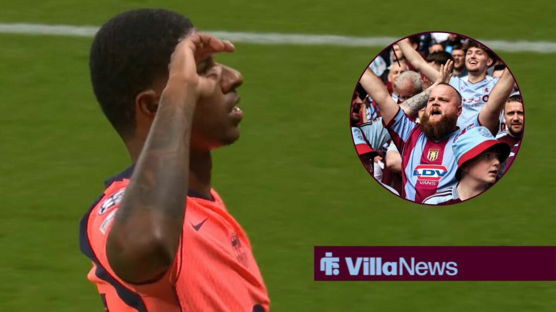Marcus Rashford celebrating for Barcelona looking towards an Aston Villa fan in a circle inset
