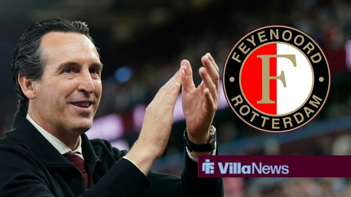Aston Villa manager Unai Emery claps with Feyenoord badge inset