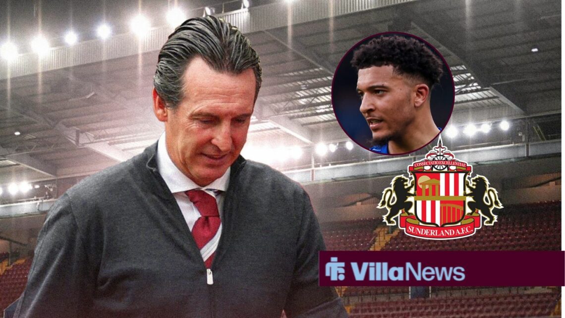 Aston Villa manager Unai Emery looking disappointed, Jadon Sancho in a circular insert, Sunderland badge.