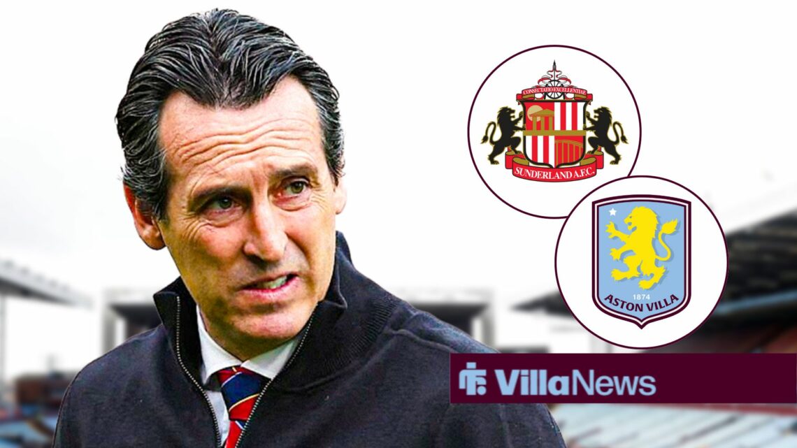 Unai Emery looking annoyed towards circle insets of Sunderland and Aston Villa badges
