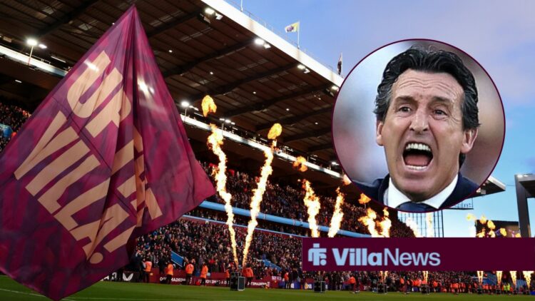 Villa Park with Aston Villa manager Unai Emery shouting inset