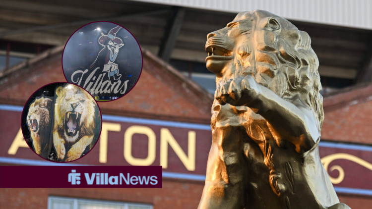 Aston Villa lion outside Villa Park pointing towards tifos at Villa Park