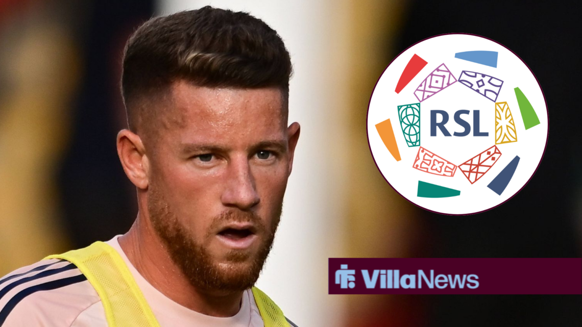 Ross Barkley looking towards the Saudi Pro League logo in a circle inset