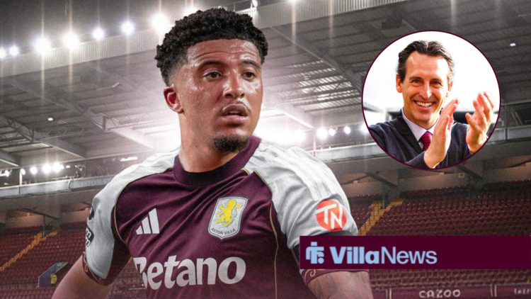 Jadon Sancho in an Aston Villa kit, Unai Emery smiling and clapping in a circular inset