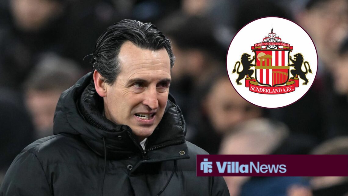 Aston Villa manager Unai Emery anxiously looks towards Sunderland badge in a circular insert.