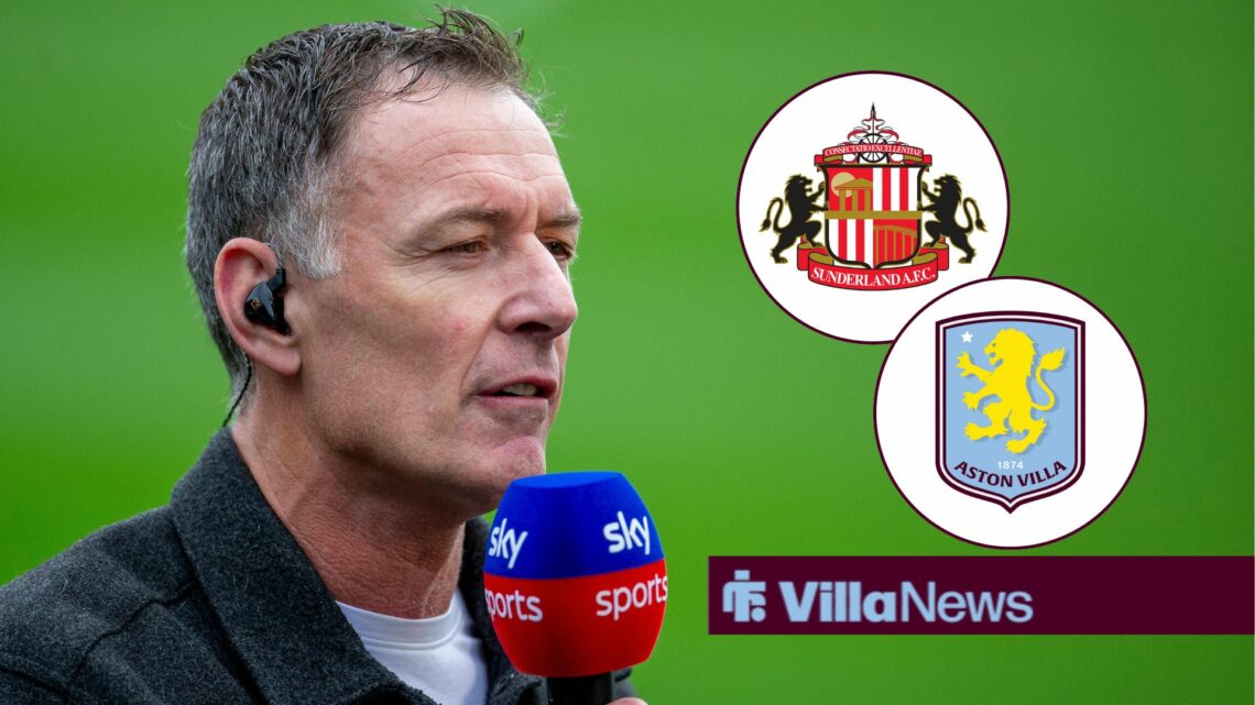 Chris Sutton speaking into a microphone looking towards Sunderland and Aston Villa badges