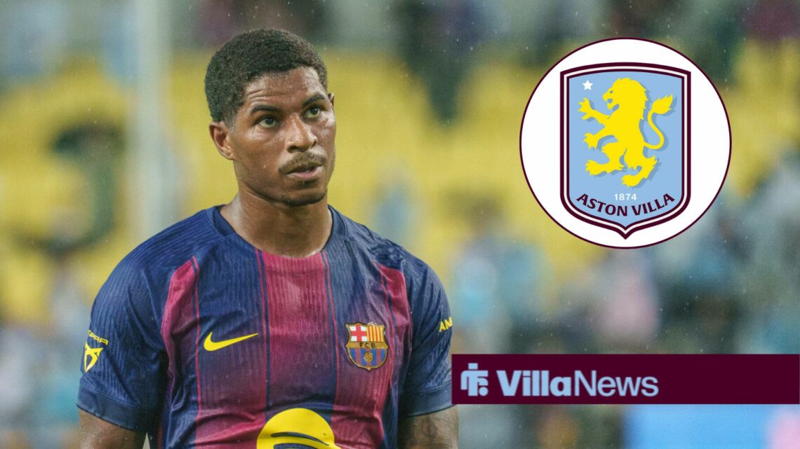 Marcus Rashford in action for Barcelona, looking at an Aston Villa badge in a circular insert.
