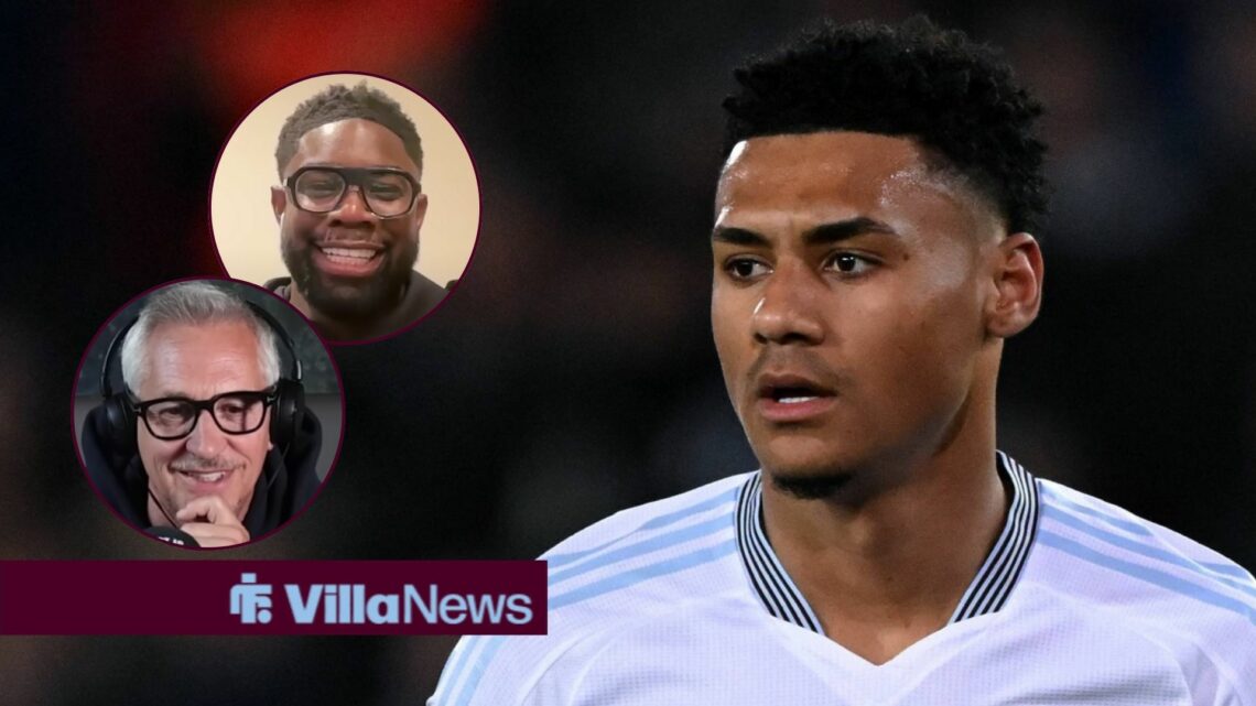 Ollie Watkins on the right looking concerned to his left, with Gary Lineker and Micha Richards bouth laughing on the left