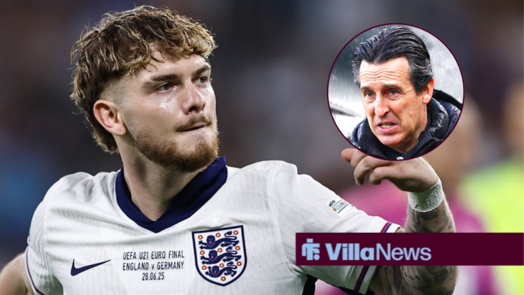 Harvey Elliott in action for England U-21s, Unai Emery in a circular inset