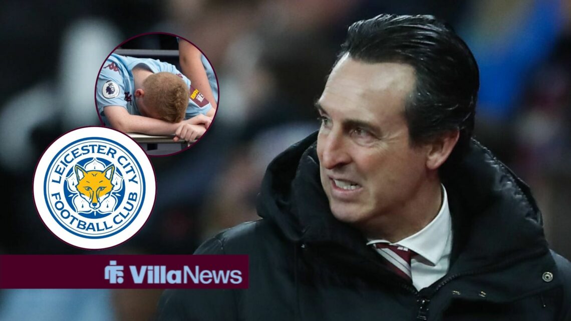 Unai Emery looking angry towards a circle inset of a sad Aston Villa fan and a Leicester City badge
