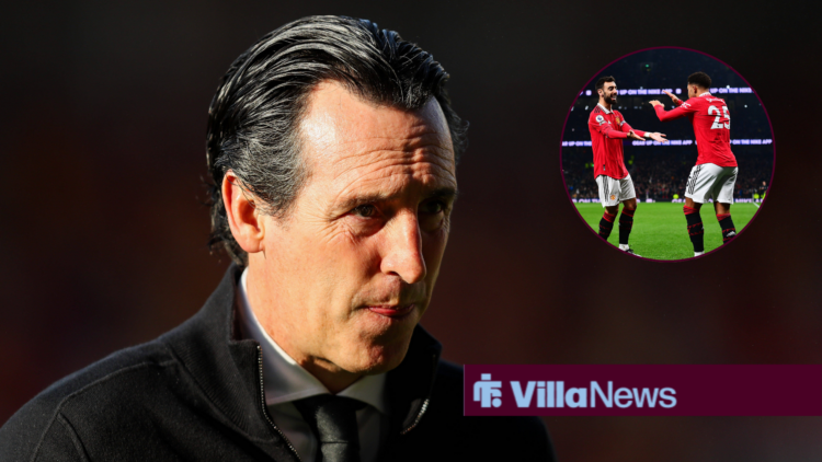 Unai Emery on the Aston Villa touchline with Bruno Fernandes and Jadon Sancho in a circular inset.