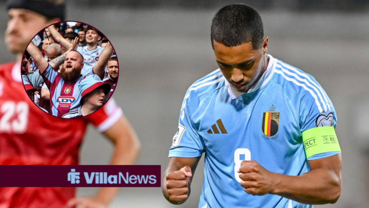 Youri Tielemans celebrating for Belgium next to a circle inset of Aston Villa fans