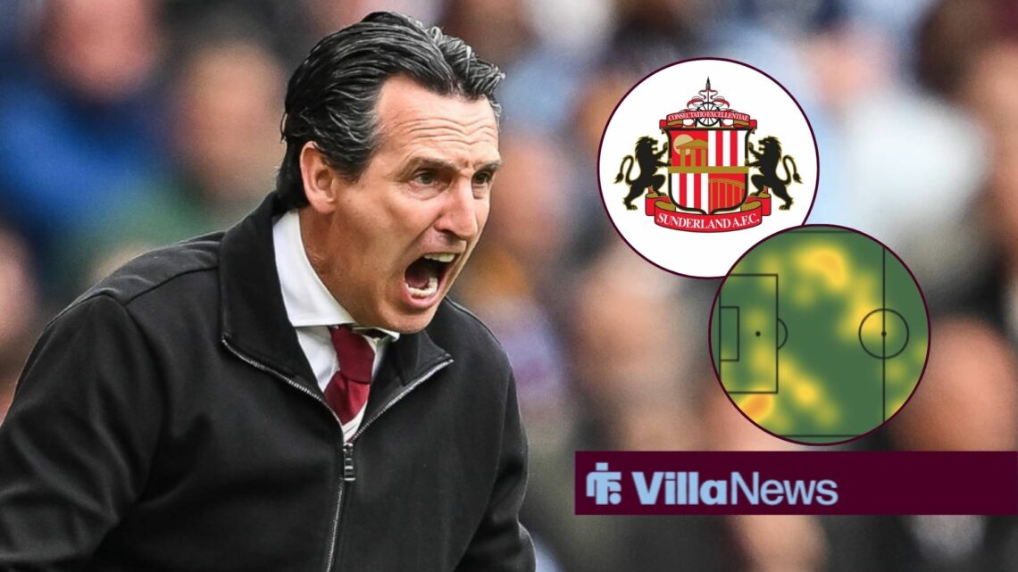 Unai Emery screaming looking towards a Sunderland badge a heat map in circle insets