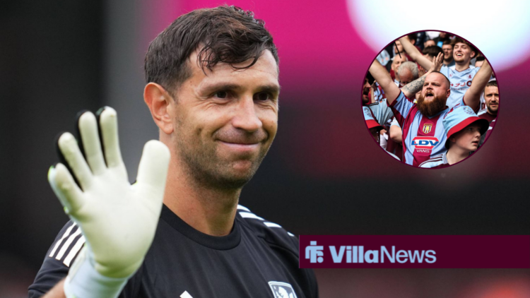 Emi Martinez waves, Aston Villa supporters in a circular inset.