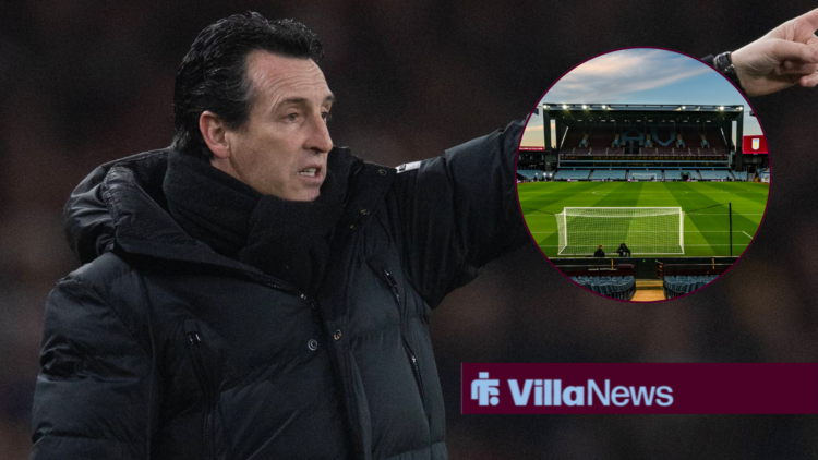 Unai Emery pointing towards a circle inset of Villa Park