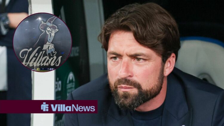 Rangers manager Russell Martin looking concerned towards a circle inset of an Aston Villa Villan tifo at Villa Park