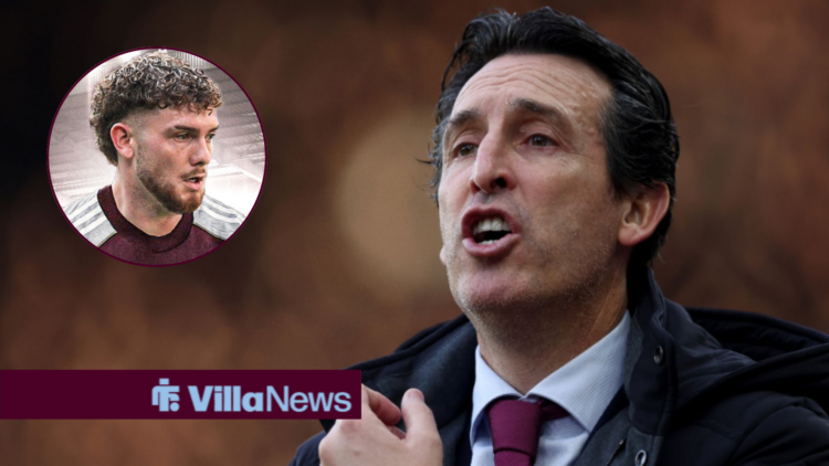 Unai Emery shouting towards a circle inset of Harvey Elliott wearing an Aston Villa shirt