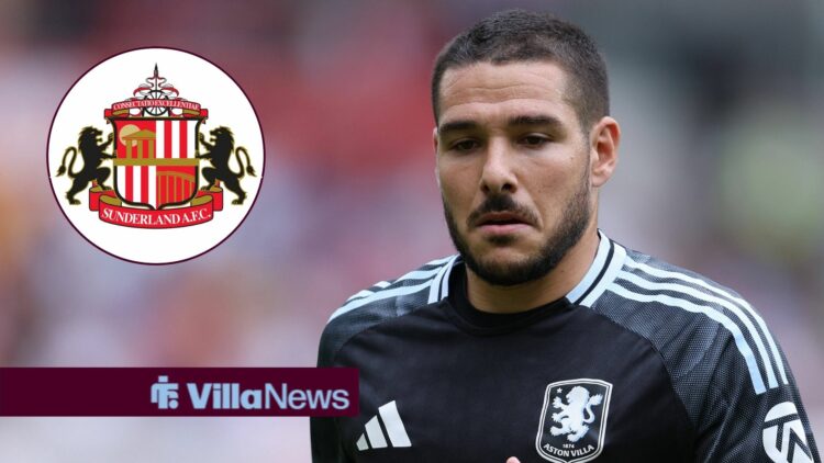 Emi Buendia looking annoyed towards a circle inset of the Sunderland badge