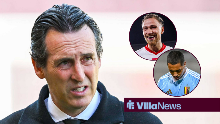 Unai Emery looking towards Matty Cash and Youri Tielemans celebrating in circle insets