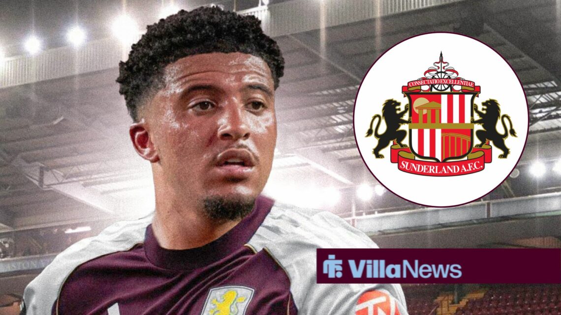 Jadon Sancho in an Aston Villa shirt looking towards a Sunderland badge in a circle inset