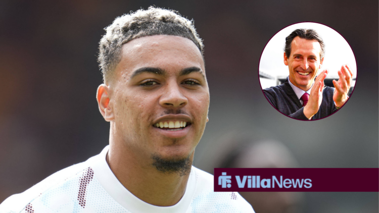 Aston Villa player Morgan Rogers smiling, Unai Emery clapping in a circular inset