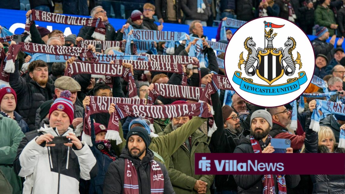 Aston Villa supporters at Villa Park, Newcastle badge in a circular insert.