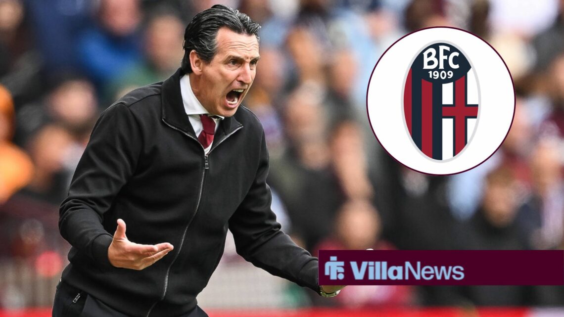 Aston Villa manager Unai Emery shouting, Bologna badge in a circular insert.