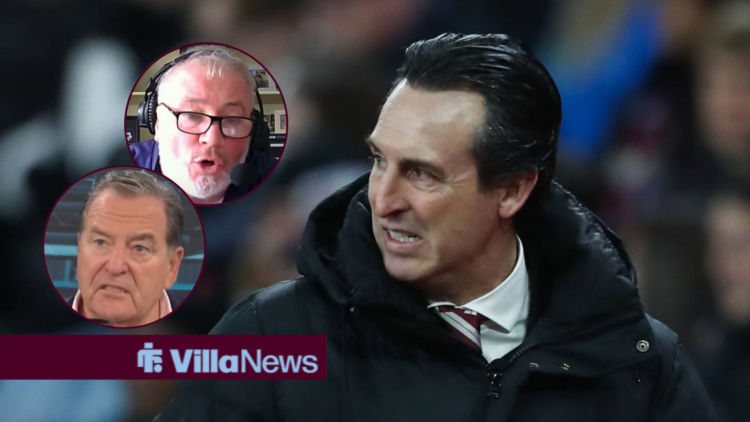 Aston Villa manager Unai Emery, Jeff Stelling in a circular inset, Ally McCoist in a circular inset.
