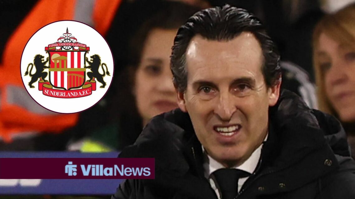 Unai Emery looking concerned and annoyed towards a Sunderland badge in a circle inset