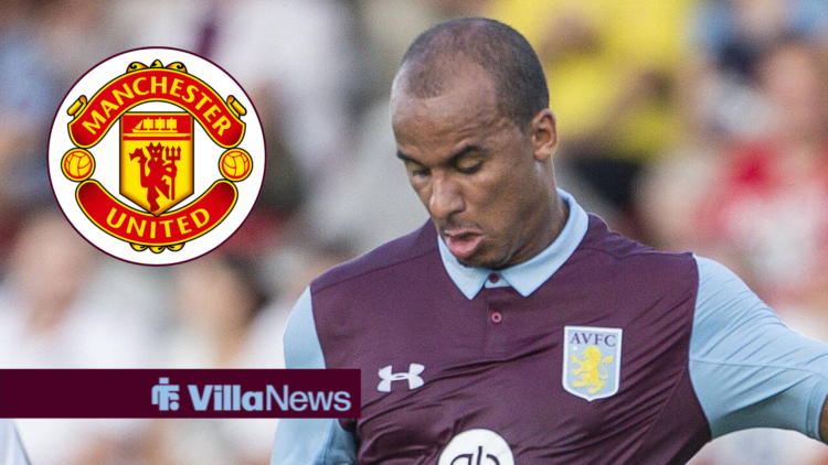 Gabby Agbonlahor playing for Aston Villa alongside a Manchester United badge in a circle inset