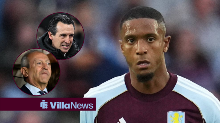 Nassef Sawiris and Unai Emery looking concerned towards Ezri Konsa playing for Aston Villa