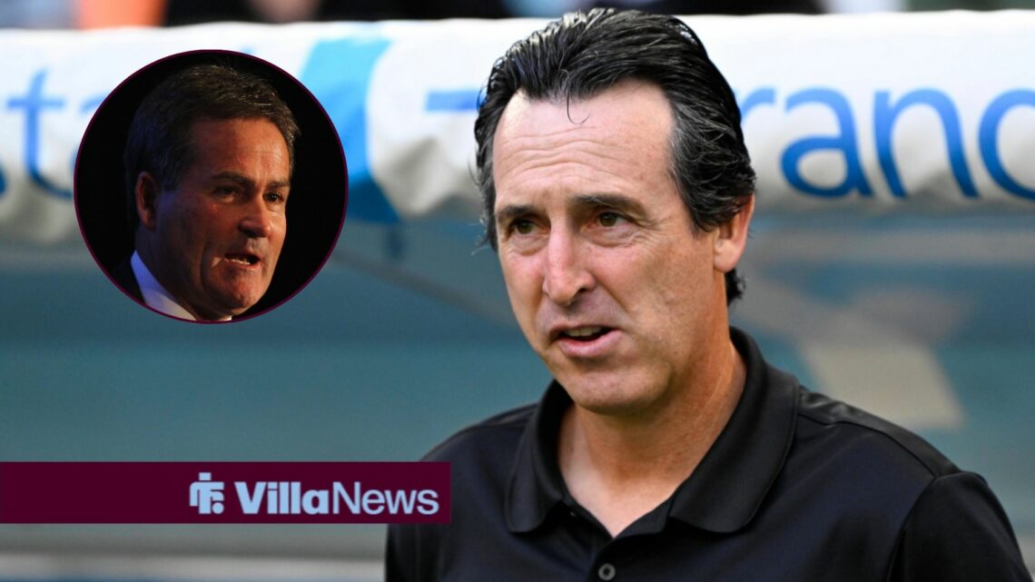 Aston Villa manager Unai Emery, Richard Keys in a circular insert.