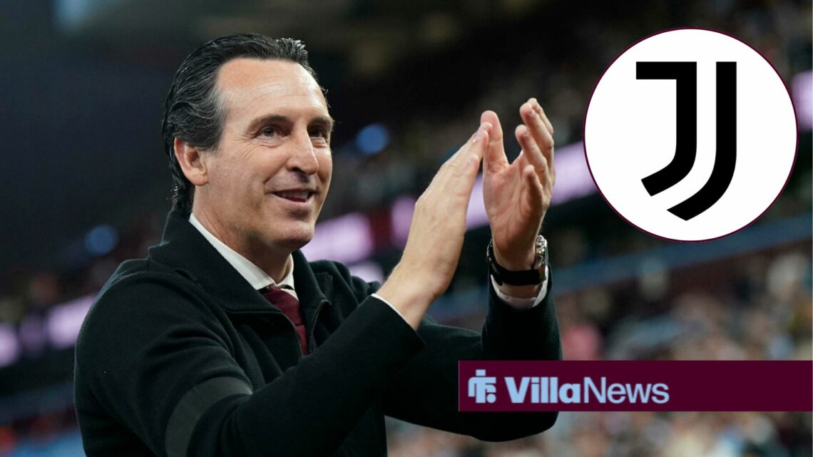 Aston Villa manager Unai Emery applauding, Juventus badge in a circular insert.