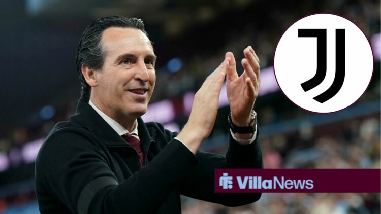 Aston Villa manager Unai Emery applauding, Juventus badge in a circular insert.
