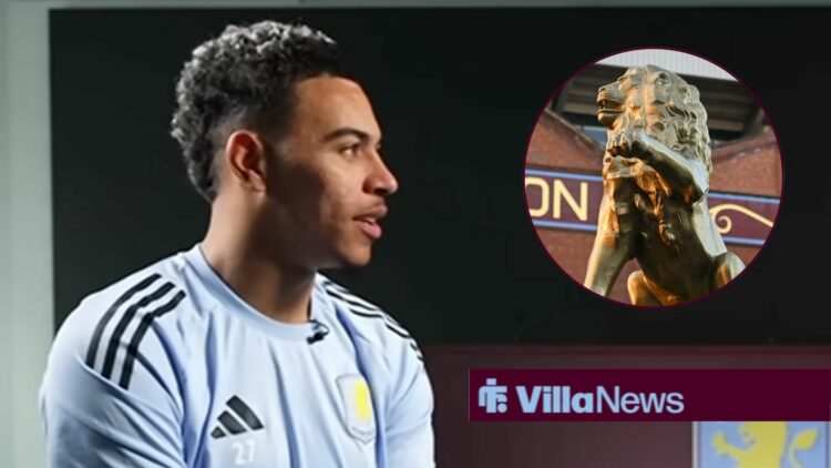 Morgan Rogers in a Sky Sports News interview looking towards a circle inset of a lion statue at Villa Park