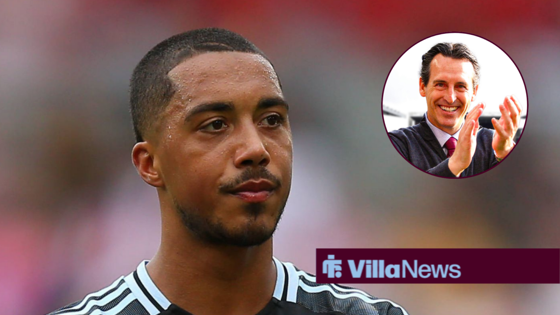 Youri Tielemans in action for Aston Villa, Unai Emery in a circular inset.