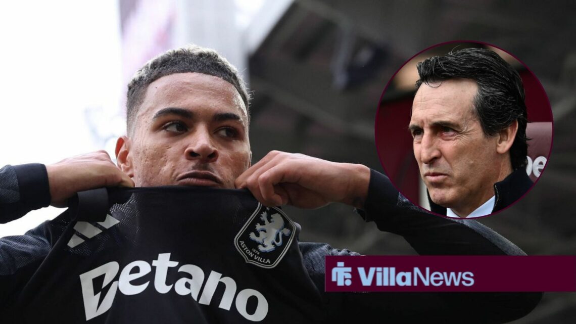 Aston Villa midfielder Morgan Rogers pulls his shirt up with Unai Emery inset