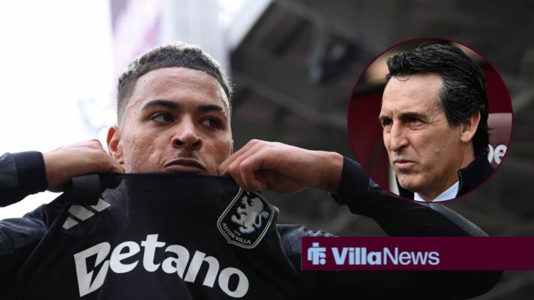 Aston Villa midfielder Morgan Rogers pulls his shirt up with Unai Emery inset